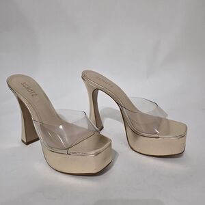 Schutz Haila Gold Platform Heels with Clear Vinyl Strap – Statement Heels Size 9